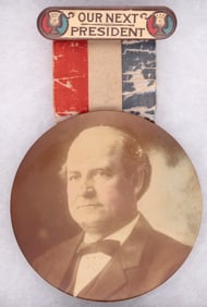 BRYAN HAND TINTED 3.5" REAL PHOTO PORTRAIT BUTTON ON "OUR NEXT PRESIDENT" HANGER.