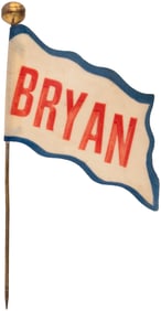 BRYAN 1908 PRESIDENTIAL CAMPAIGN CELLO FLAG STICKPIN BADGE.
