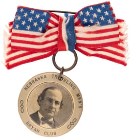 NEBRASKA TRAVELING MEN'S BRYAN CLUB PORTRAIT BUTTON ON FLAG BOW HAKE #3241.