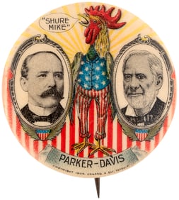 PARKER & DAVIS 'SHURE MIKE' 1904 CARTOON UNCLE SAM ROOSTER JUGATE BUTTON HAKE #12.