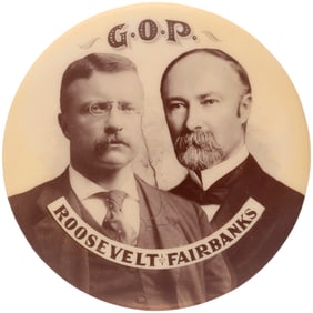 GOP ROOSEVELT FAIRBANKS 1.75" SEPIA TONED REAL PHOTO JUGATE BUTTON HAKE #3.