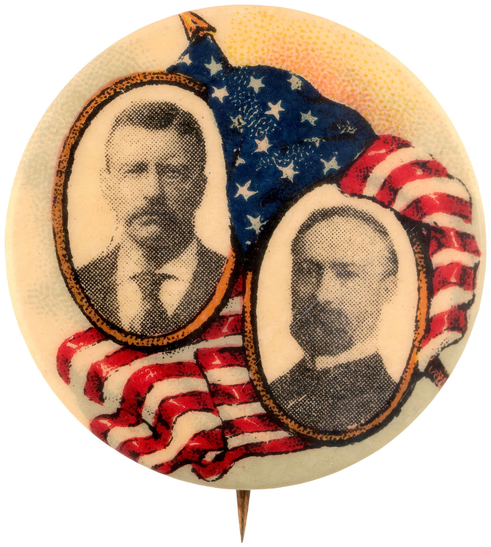 ROOSEVELT & FAIRBANKS WAVING AMERICAN FLAG JUGATE BUTTON HAKLE #33.: 1.25" w/Baltimore Badge Co. back paper. Only minor wear in reflected light. NM. A beautiful design even among the many outstanding 1.25" TR's produced in 1904.