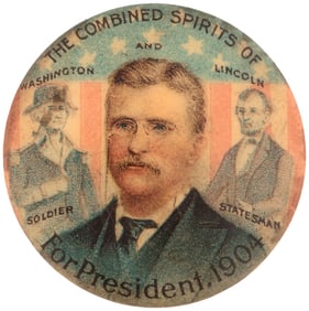 ROOSEVELT "THE COMBINED SPIRITS" WASHINGTON & LINCOLN "GHOST" BUTTON.
