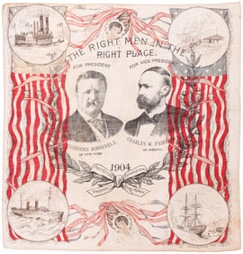 ROOSEVELT & FAIRBANKS 1904 JUGATE BANDANA "THE RIGHT MEN IN THE RIGHT PLACE."