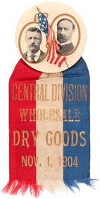 ROOSEVELT & FAIRBANKS FURLED FLAG JUGATE BUTTON W/"DRY GOODS NOV. 1, 1904" RIBBON.