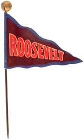 ROOSEVELT "U-N-I-TED" SCARCE CELLO FLAG LAPEL BADGE.