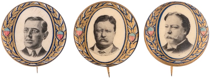 ROOSEVELT, WILSON & TAFT 1912 GOLD WREATH PORTRAIT BUTTON TRIO.