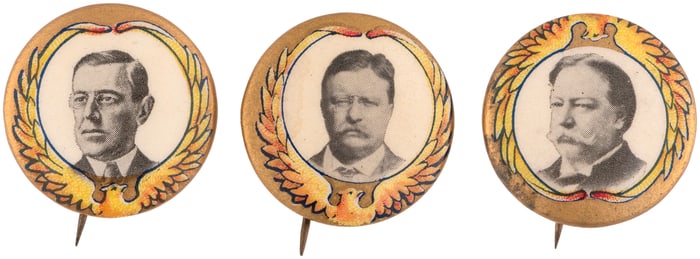 ROOSEVELT, WILSON & TAFT 1912 GOLDEN EAGLE PORTRAIT BUTTON TRIO.