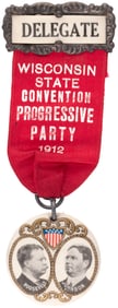 ROOSEVELT & JOHNSON 1912 JUGATE BUTTON ON WISCONSIN RIBBON BADGE.