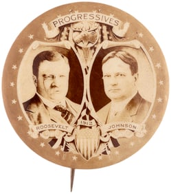 ROOSEVELT & JOHNSON 1.75" REAL PHOTO 1912 "PROGRESSIVES" BULL MOOSE JUGATE BUTTON.