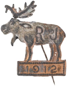 ROOSEVELT & JOHNSON "R & J 1912" FIGURAL BULL MOOSE BADGE.