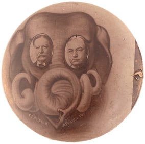 TAFT & SHERMAN "GOP" ELEPHANT EYES RARE REAL PHOTO JUGATE BUTTON.