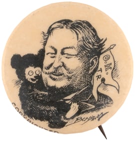OK TR TEDDY BEAR HUGGING TAFT CARTOON BUTTON WITH ART BY CLIFFORD BERRYMAN.