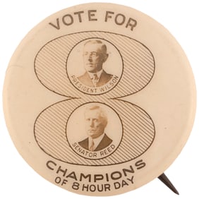 WILSON & REED "CHAMPIONS 8 HOUR DAY" RARE MISSOURI COATTAIL JUGATE BUTTON.