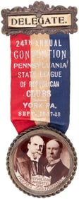HUGHES & FAIRBANKS JUGATE BUTTON ON YORK, PA REPUBLICAN CLUBS RIBBON BADGE.