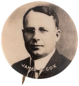 JAMES M. COX SCARCE REAL PHOTO PORTRAIT BUTTON HAKE #2041.