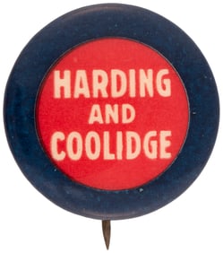 HARDING AND COOLIDGE 1920 NAME BUTTON HAKE #52.