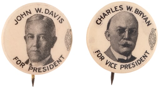 DAVIS AND BRYAN 1924 PORTRAIT BUTTON PAIR MAKING A JUGATE SET.