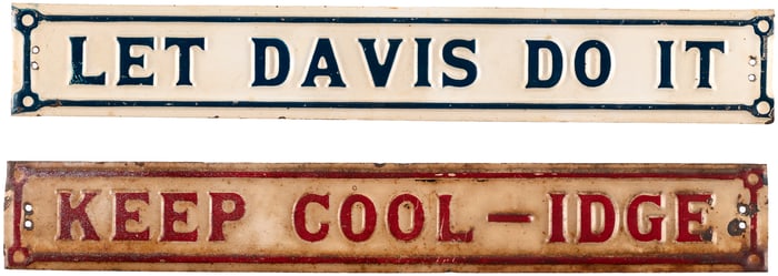 DAVIS & COOLIDGE RARE 1924 SLOGAN LICENSE PLATE ATTACHMENT PAIR.