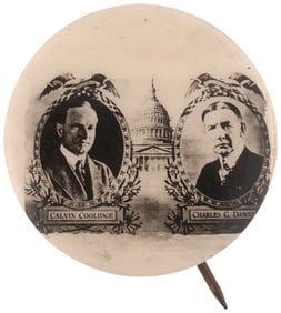 COOLIDGE & DAWES 1924 US CAPITOL DOME REAL PHOTO JUGATE BUTTON.