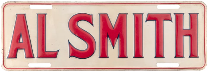 AL SMITH RARE & BOLD 1928 CAMPAIGN LICENSE PLATE ATTACHMENT.