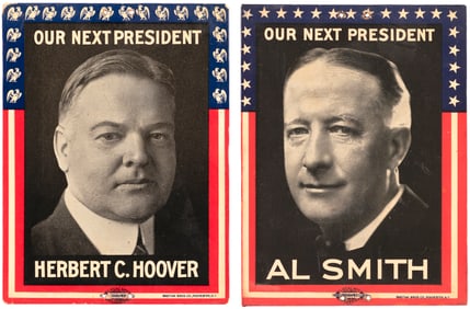“OUR NEXT PRESIDENT" SMITH & HOOVER 1932 CELLULOID PLAQUE PAIR.