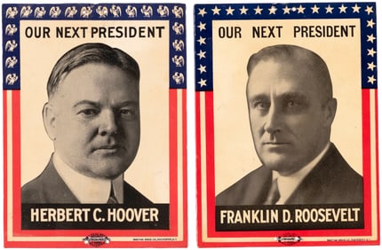 “OUR NEXT PRESIDENT" ROOSEVELT & HOOVER 1932 CELLULOID PLAQUE PAIR.