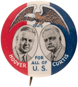 HOOVER & CURTIS "FOR ALL OF U.S." 1932 JUGATE BUTTON HAKE #3.