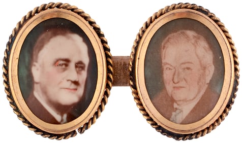ROOSEVELT & GARNER HAND TINTED REAL PHOTO JUGATE BROOCH.