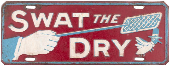 PROHIBITION "SWAT THE DRY" GRAPHIC PRO-REPEAL LICENSE PLATE ATTACHMENT.