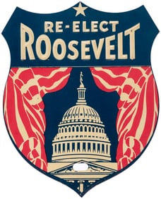 RE-ELECT ROOSEVELT FIGURAL SHIELD CAPITOL DOME LICENSE PLATE ATTACHMENT.