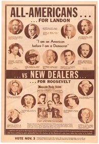 ALL AMERICANS FOR LANDON VS. NEW DEALERS 1936 ANTI-FDR TWO SIDED POSTER.