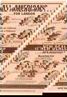 ALL AMERICANS FOR LANDON VS. NEW DEALERS 1936 ANTI-FDR TWO SIDED POSTER.: 10.75x15.5" on thin paper. Front features various Democratic politicians at the top who endorsed Landon w/text in center of them reading "I am an American before I am a Democrat." Included in this lis