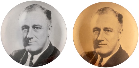 ROOSEVELT LARGE 6" GOLD & SILVER TONE PORTRAIT BUTTON PAIR.