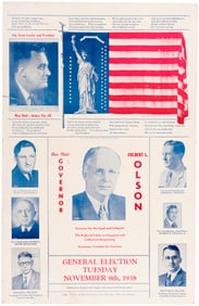ROOSEVELT, CULBERT L. OLSON 1938 CALIFORNIA MULTIGATE COATTAIL POSTER.