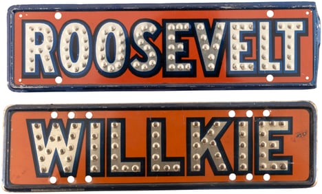 ROOSEVELT & WILLKIE 1940 ORANGE AND BLUE REFLECTIVE LICENSE PLATE ATTACHMENT PAIR.