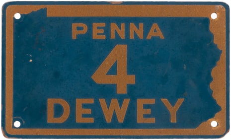 PENNA 4 DEWEY 1948 PENNSYLVANIA FIBERBOARD LICENSE PLATE ATTACHMENT.