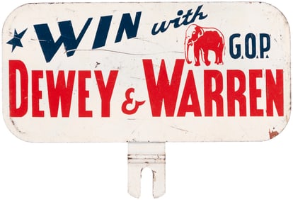 WIN WITH DEWEY & WARREN GOP ELEPHANT MOTIF LICENSE PLATE ATTACHMENT.