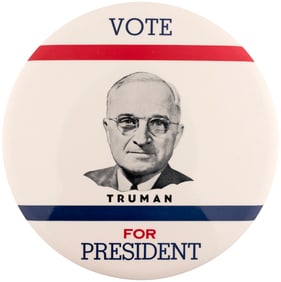 VOTE TRUMAN FOR PRESIDENT MAMMOTH 1948 PORTRAIT BUTTON.