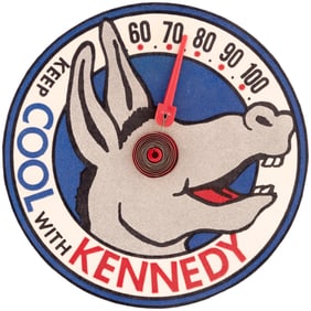KEEP COOL WITH KENNEDY RARE CARTOON DONKEY 1960 CAMPAIGN PIN BACK THERMOMETER.
