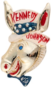 KENNEDY & JOHNSON RARE HAND PAINTED FIGURAL DONKEY PIN-BACK BADGE.