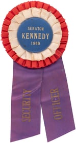 SENATOR KENNEDY 1960 SECURITY OFFICER RARE ROSETTE RIBBON BADGE.