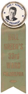 KENNEDY 1961 INAUGURAL "BILL GREEN'S 33RD WARD PHILADELPHIA" RIBBON.: 6" long overall w/1.75" cello. Phila. Badge Co. back paper. Cello design is off-center, otherwise only light wear. Slight fading on ribbon text. Overall extremely Fine. See Bill Ward badge as lot #426