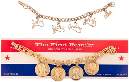 KENNEDY JOHN, JACKIE, CAROLINE & JOHN JR. CHARM BRACELET PAIR.