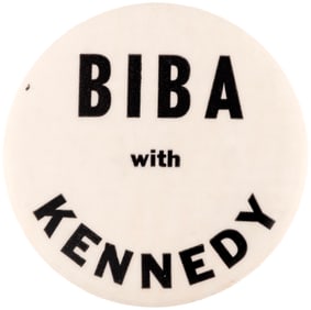 BIBA WITH KENNEDY EARLY 1964 JFK CAMPAIGN BUTTON.