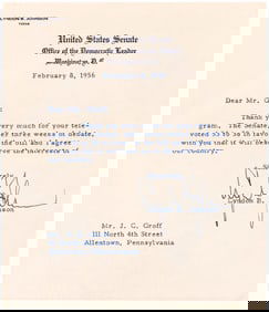 LYNDON JOHNSON 1956 TYPED SIGNED LETTER.