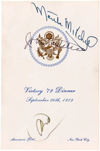 RICHARD NIXON & JOHN MITCHELL "VICTORY '72 DINNER" PROGRAM.: 5.75x8.75". 14 pgs. Dated September 26, 1972. Event held at the Americana Hotel in New York City. Signed at the top by Martha and John Mitchell w/signature of President Richard Nixon below the date. M