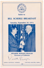 REAGAN SIGNED 1974 "SALUTE TO BILL SCHERLE BREAKFAST" IOWA INVITATION.