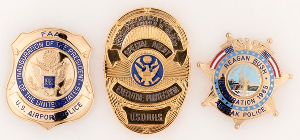 REAGAN TRIO OF 1985 INAUGURATION TRANSPORTATION OFFICER BADGES.