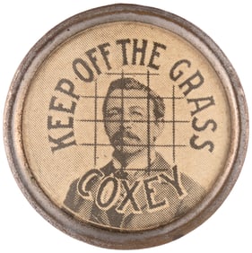 COXEY "KEEP OFF THE GRASS" CELLO PORTRAIT BUTTON.
